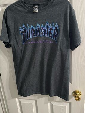 Thrasher Dark Charcoal Tee with Blue and Purple Flame Logo